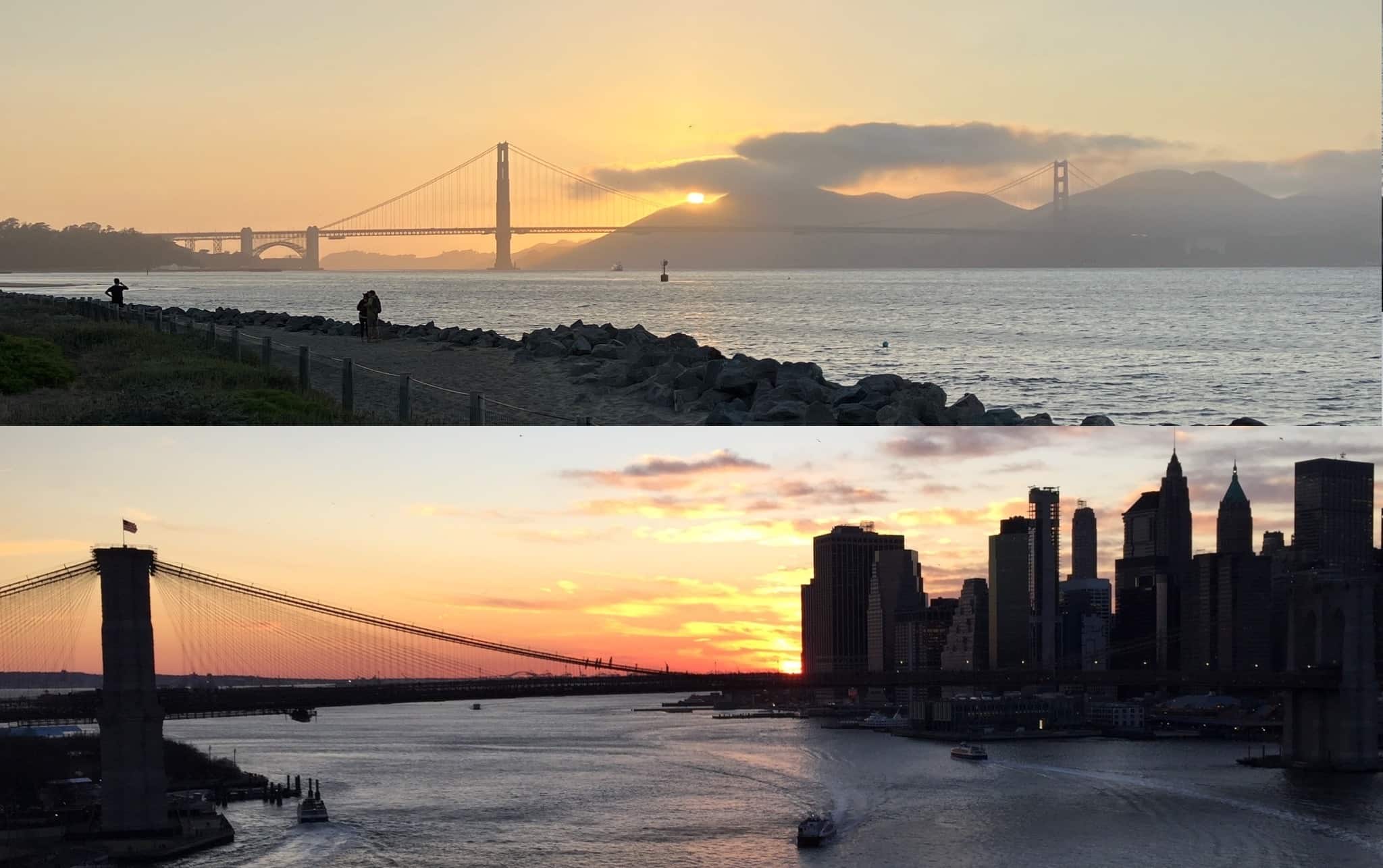 Photographs of the sunset in San Francisco, CA, and New York, NY