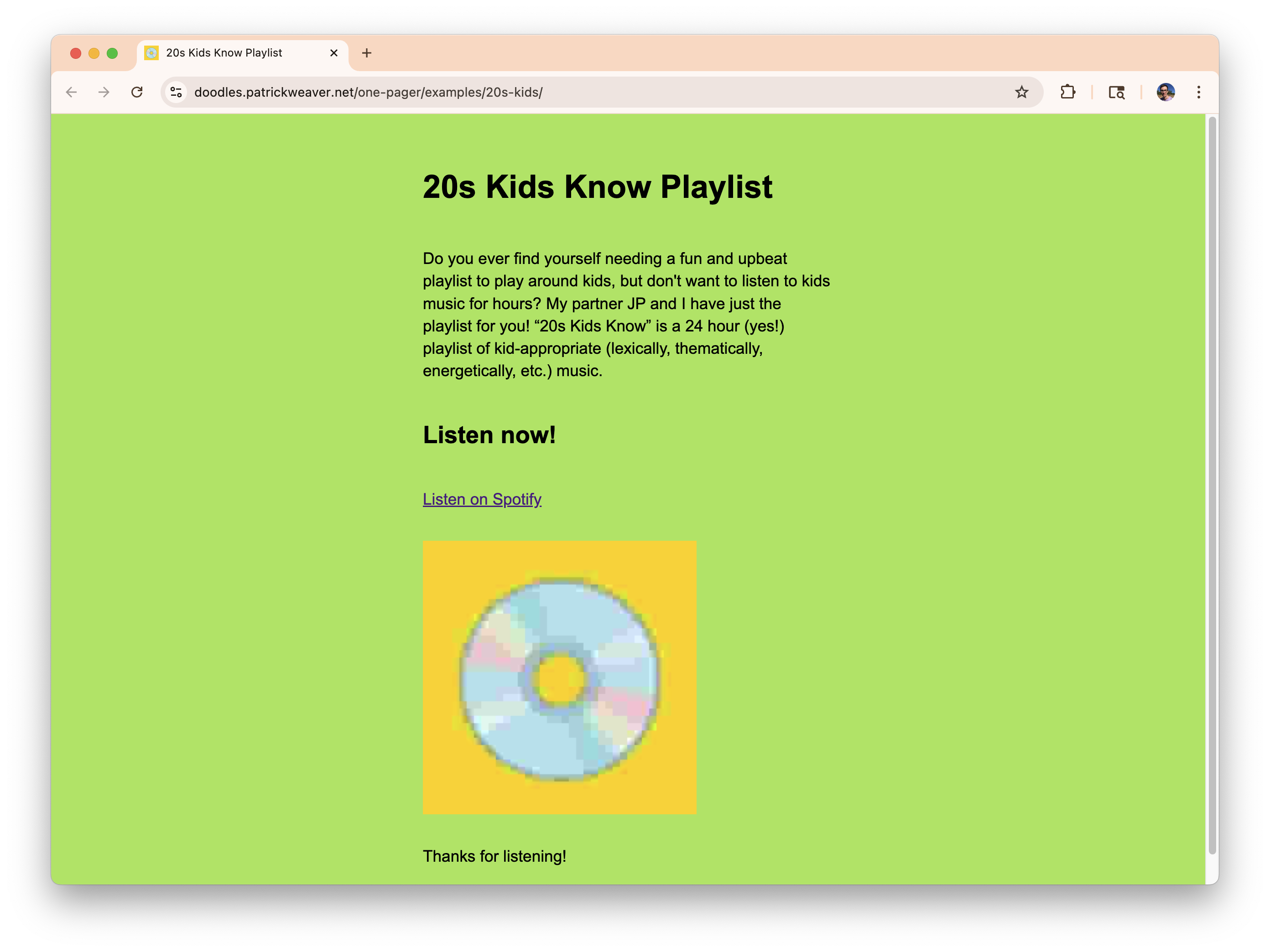 A screenshot of a web page about a 24 hour playlist.