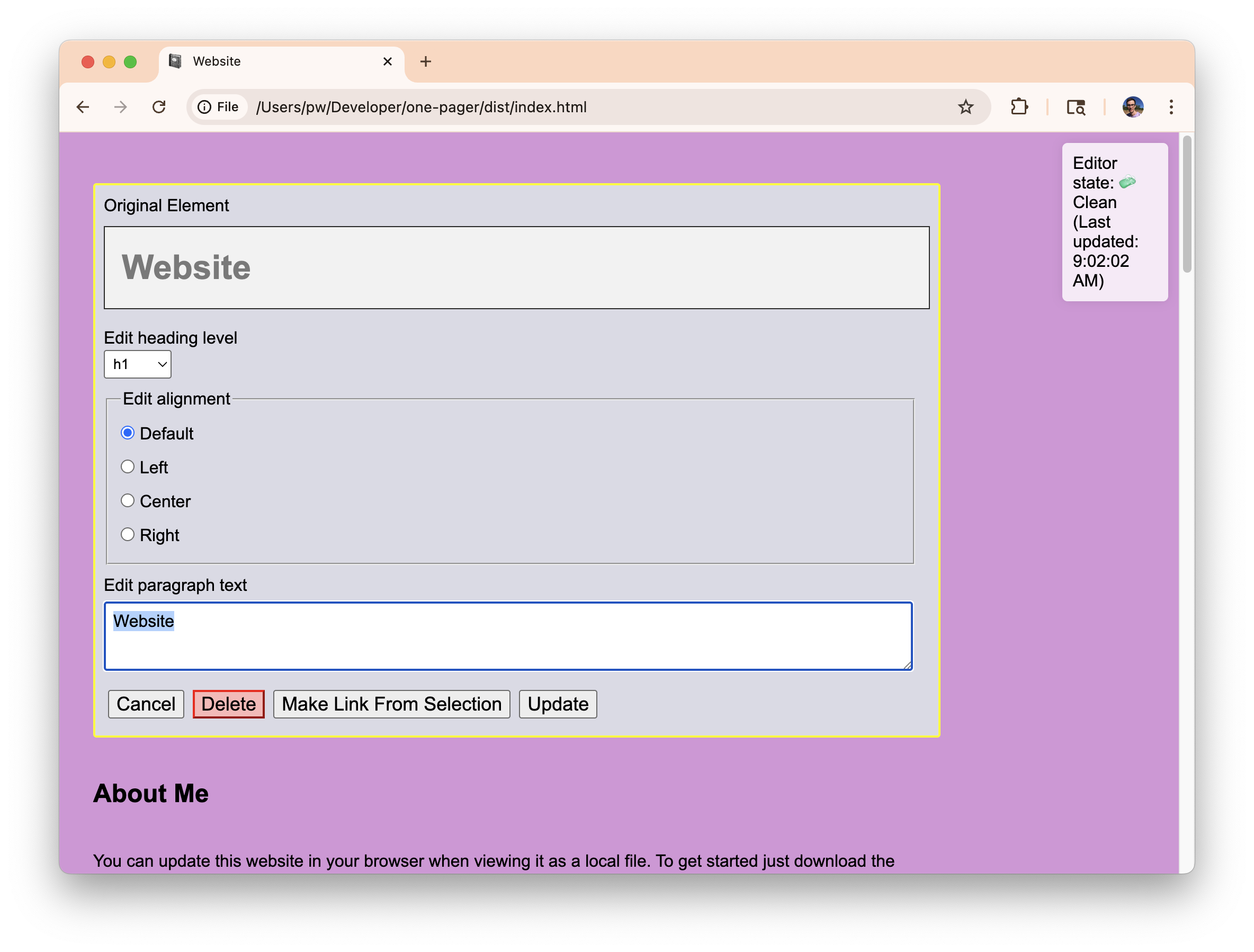 A screenshot of the UI for editing a single element.