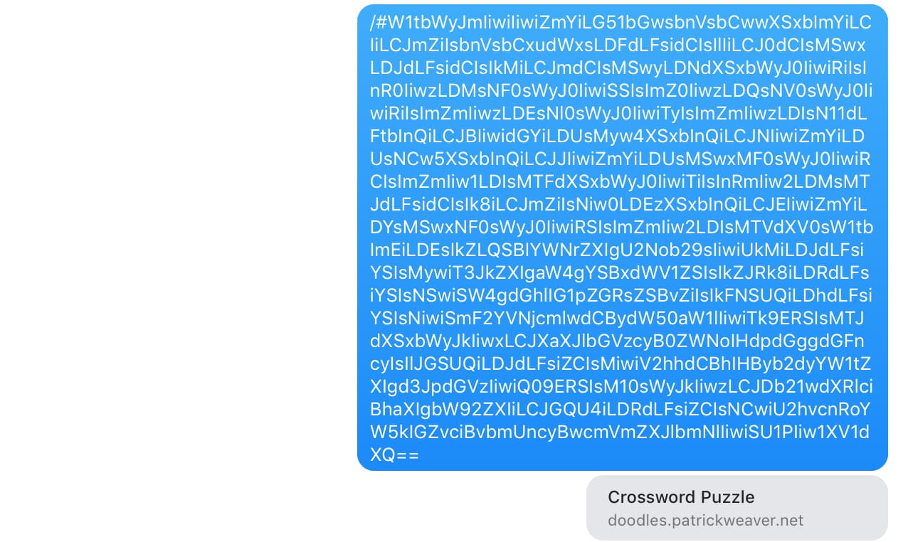 A screenshot of a message in iMessage with a long stiring of seemingly random characters