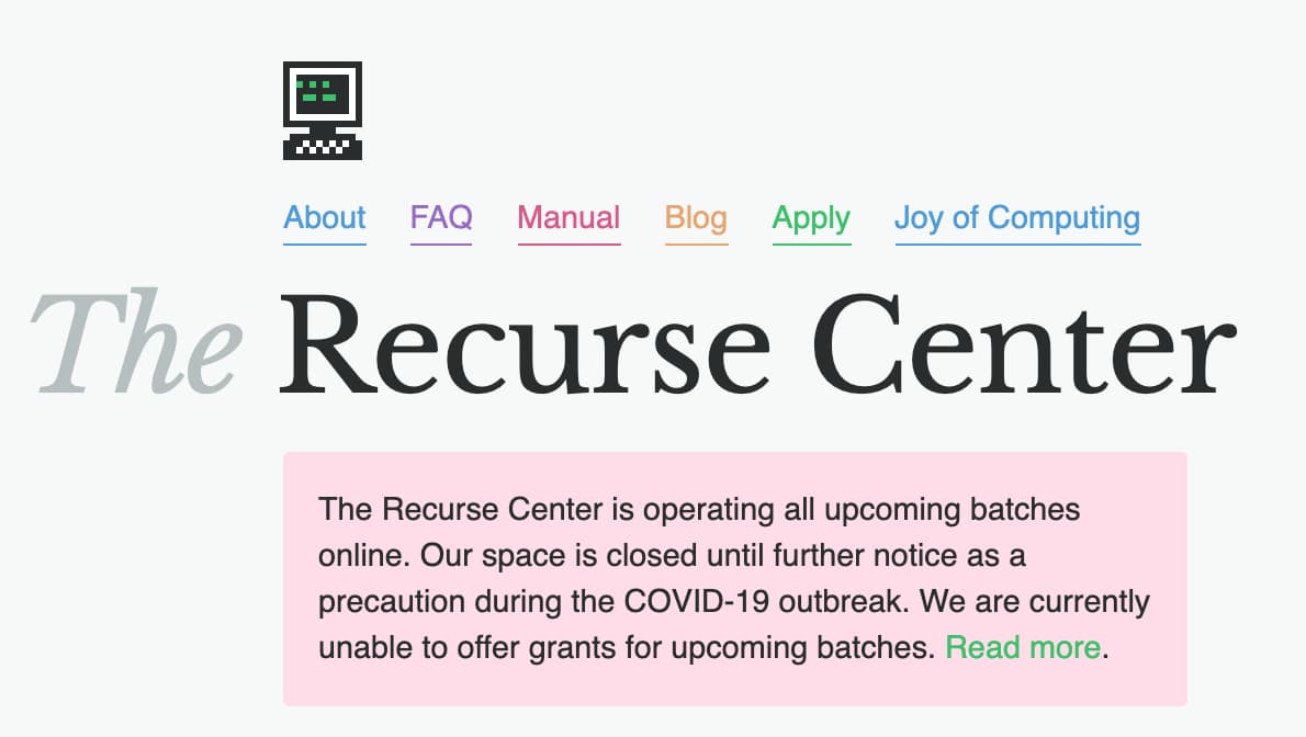 A screenshot from the Recurse Center website with a notice about operating remotely