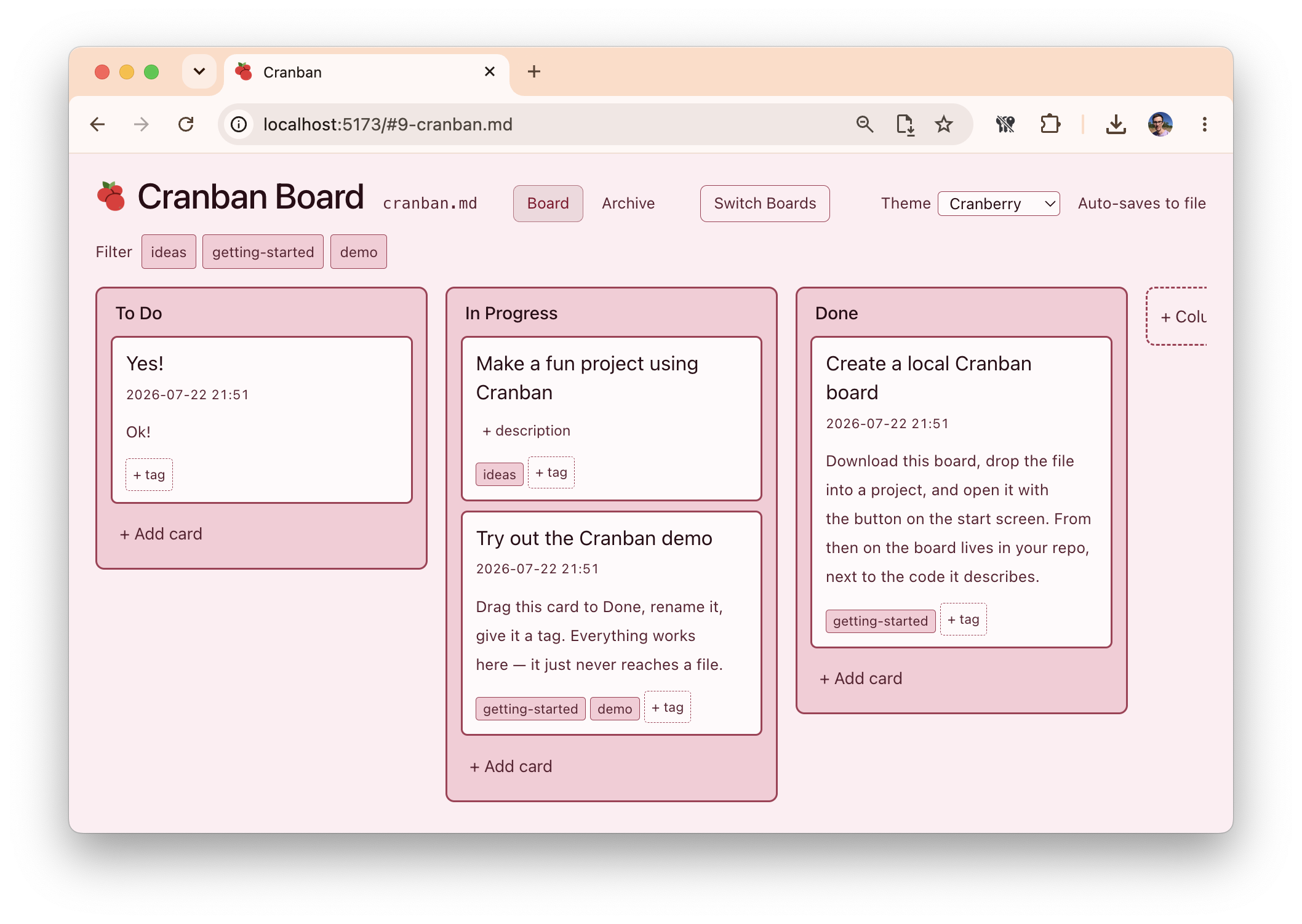 A screenshot of the Cranban app