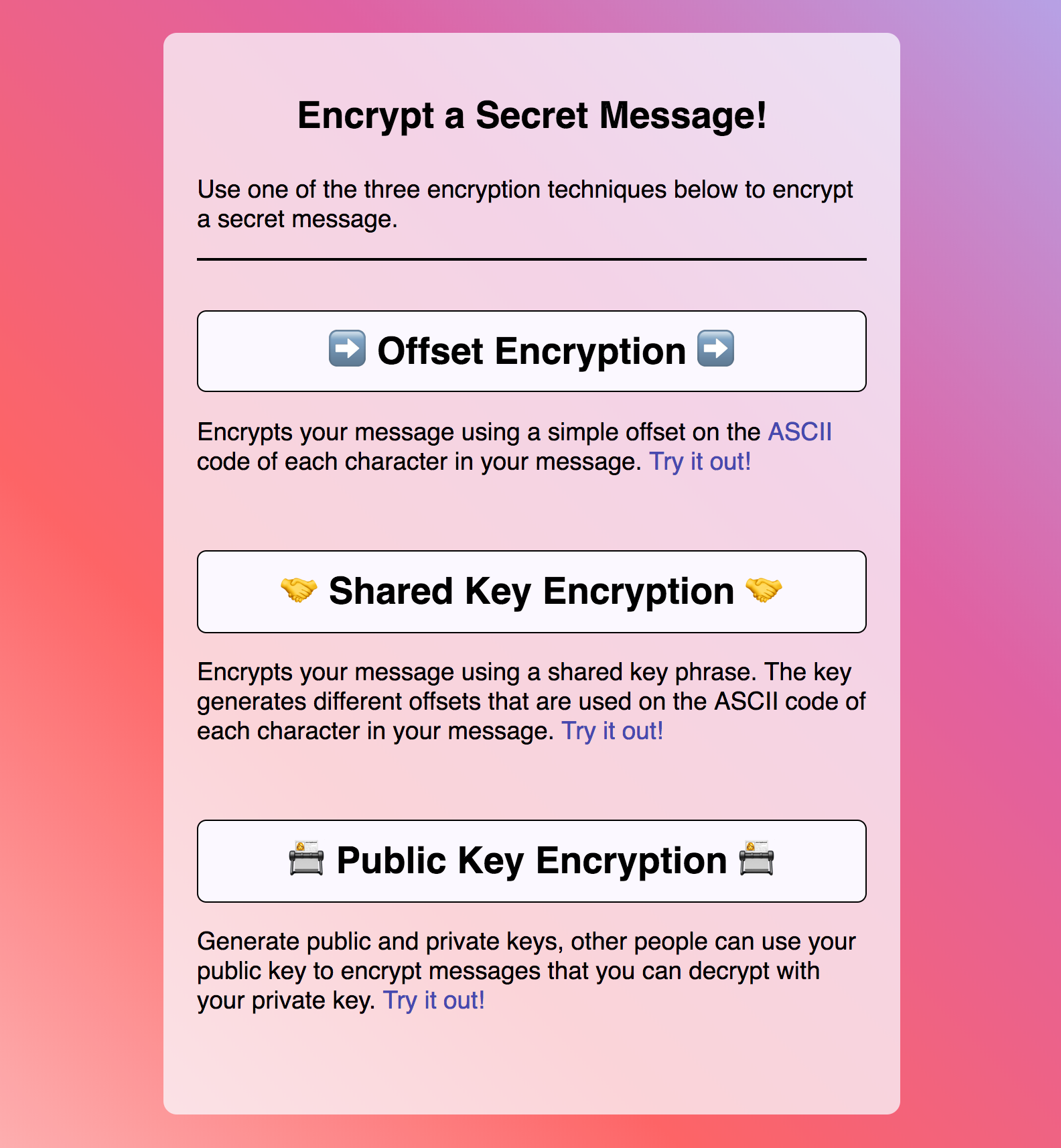 A screenshot of the app showing 3 options, Offset Encryption, Shared Key Encryption, and Public Key Encryption